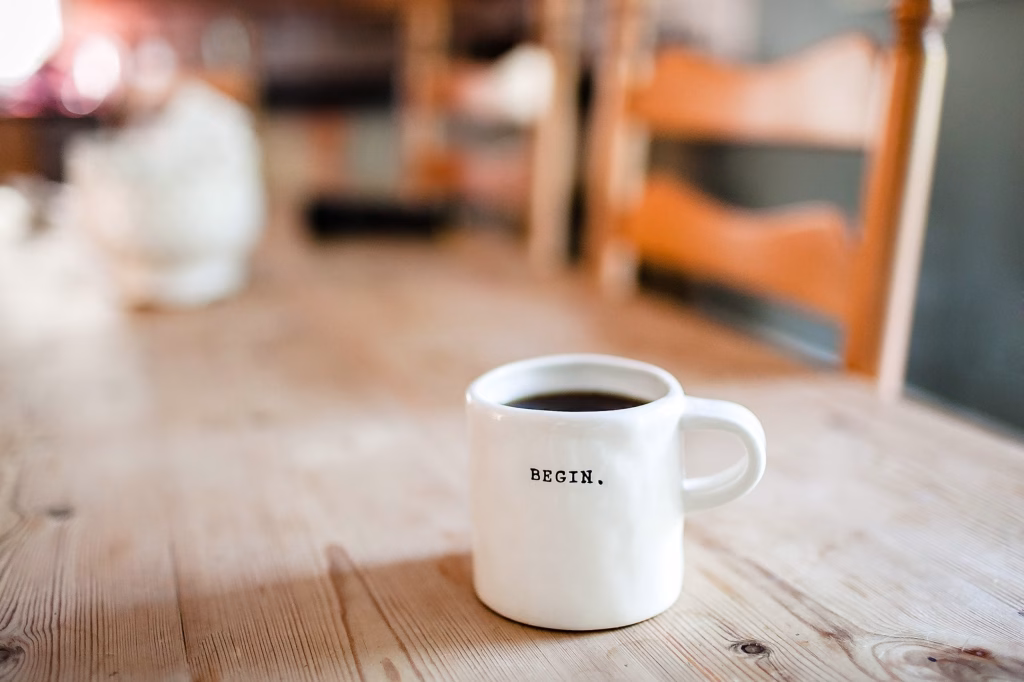 Kaffekopp med begin skrevet på