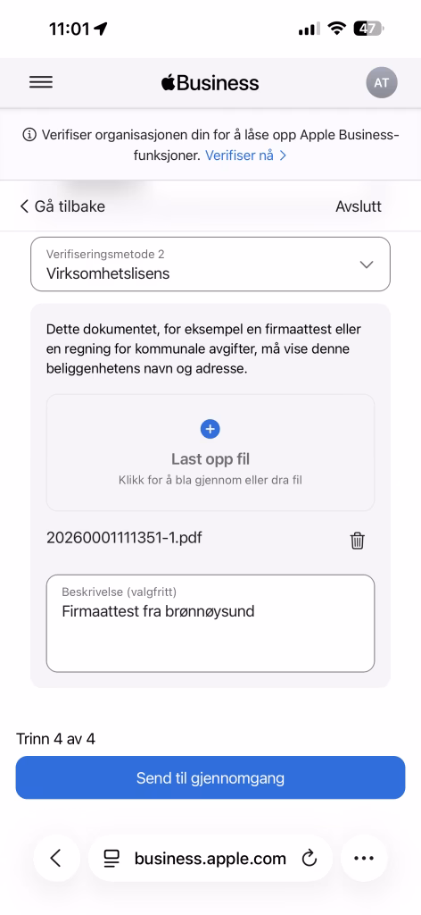 Apple godtar firmaattest som verifiseringsdokument. Langt enklere enn Google sin prosess, som ofte krever videobevis fra lokasjonen.