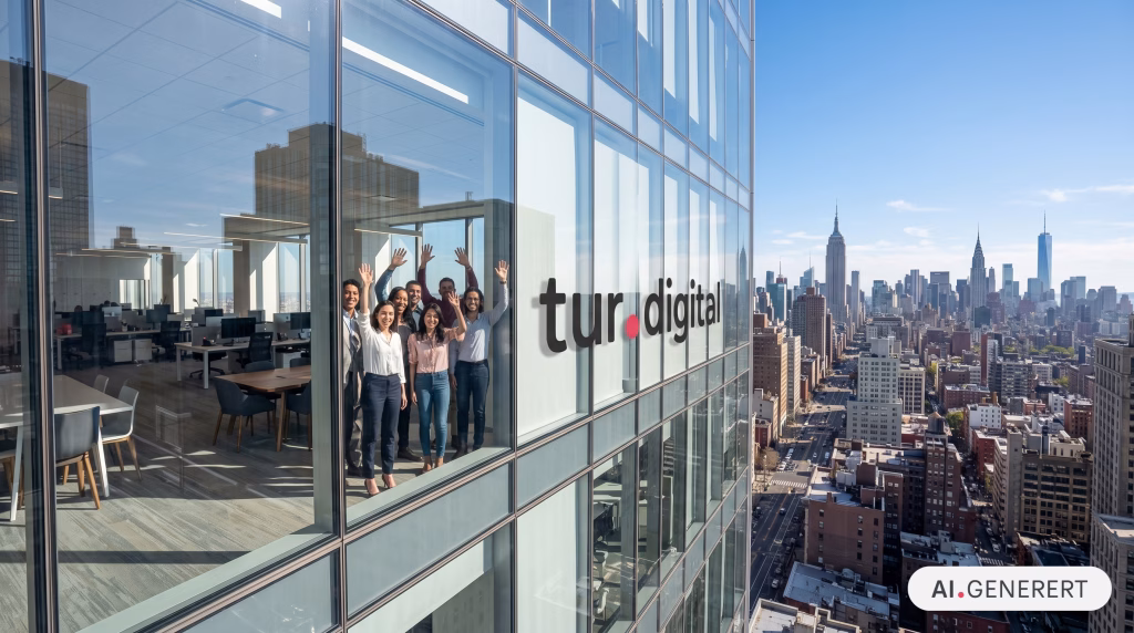 Ansatte som vinker til kamera på et tur.digital-kontor i en skyskraper i New York. Bildet er AI-generert.